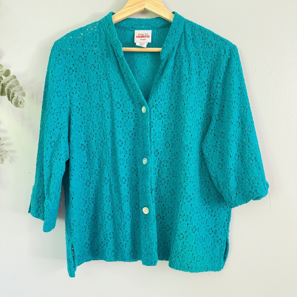 Ruby Rd Cardigan Teal Crochet Resortwear Coastal Grandma Boho Lace Button Front